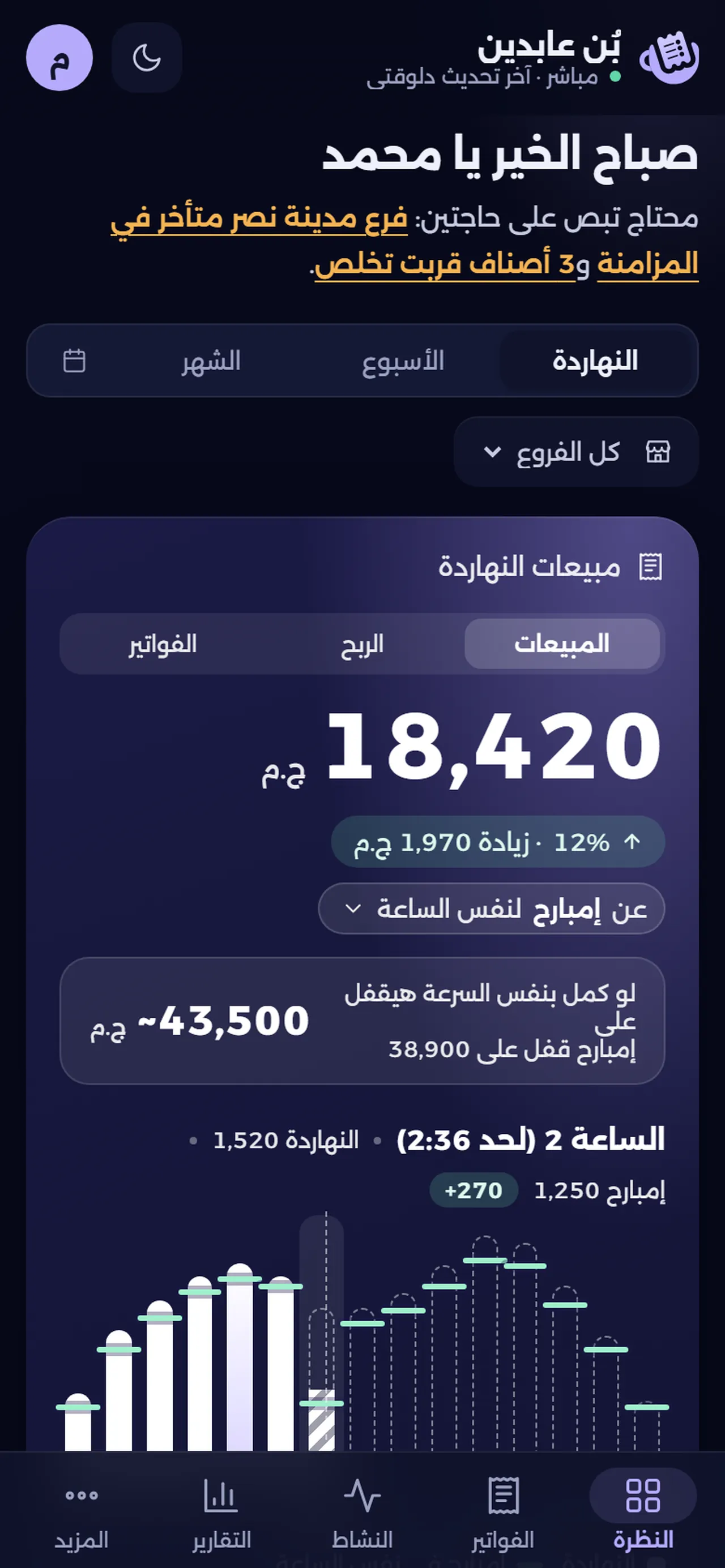 بورتال المالك على الموبايل: مبيعات النهارده